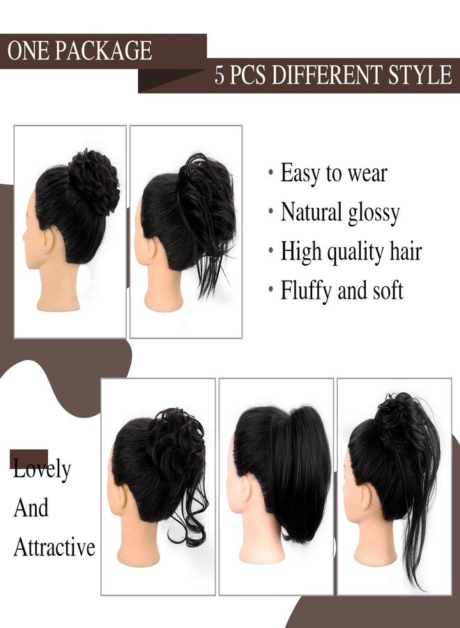 HMD 5 Pieces Messy Hair Bun Hairpiece Tousled Updo for Women Hair Extension Ponytail Scrunchies with Elastic Rubber Band Long Updo Messy Hairpiece Hair Accessories Set for Women （1B） - Image 2